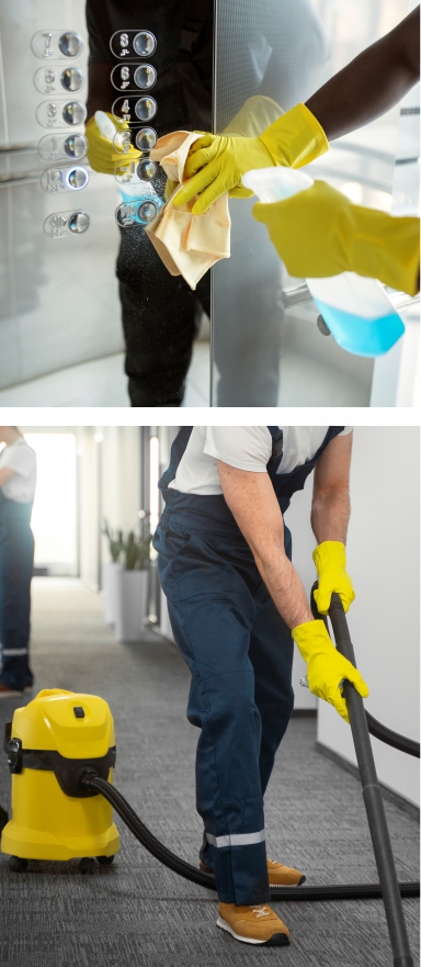Cleaners conduct hygienic office cleaning procedures